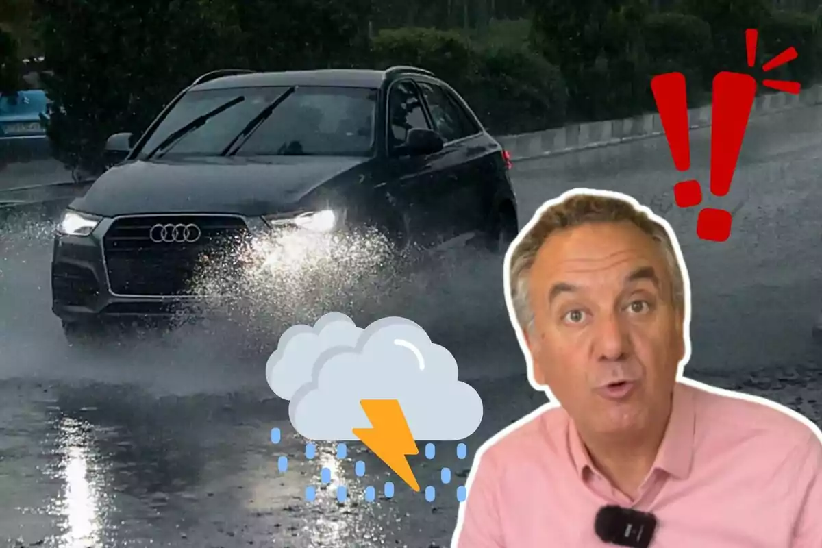 Un coche Audi conduciendo bajo la lluvia con Roberto Brasero sorprendido en primer plano y símbolos de alerta y tormenta.