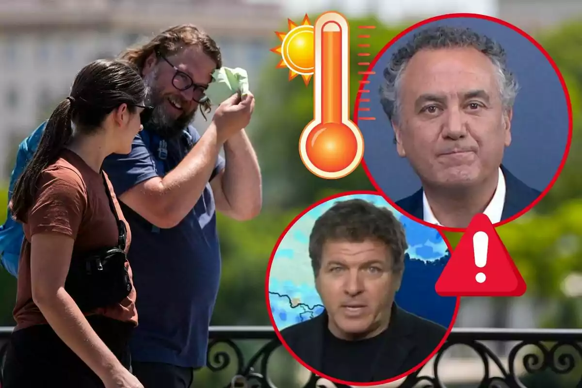 Personas caminando bajo el sol con gráficos de advertencia de calor y rostros de los presentadores de noticias del tiempo Roberto Brasero y Mario Picazo.