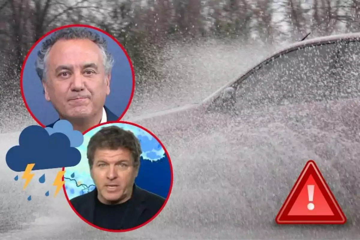 Dos hombres en círculos rojos con iconos de tormenta y advertencia, y un coche salpicando agua en el fondo.