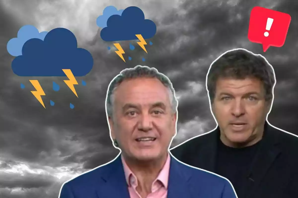 Dos hombres aparecen en primer plano con un fondo de nubes oscuras y símbolos de tormenta y un signo de exclamación.