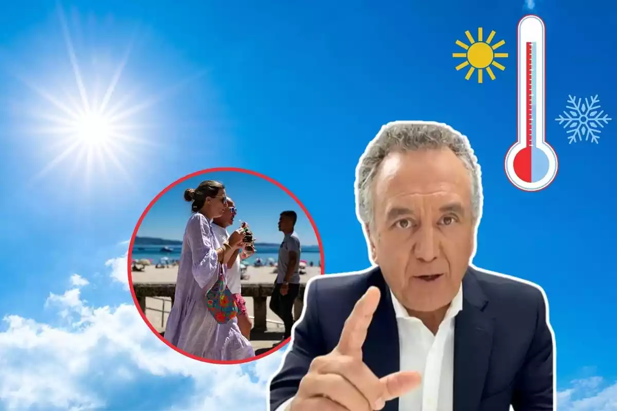 Imagen de fondo de un cielo azul con el sol, junto a un primer plano de Roberto Brasero y otra imagen de unas personas paseando por la playa, además de un emoticono de un termómetro marcando frío y calor