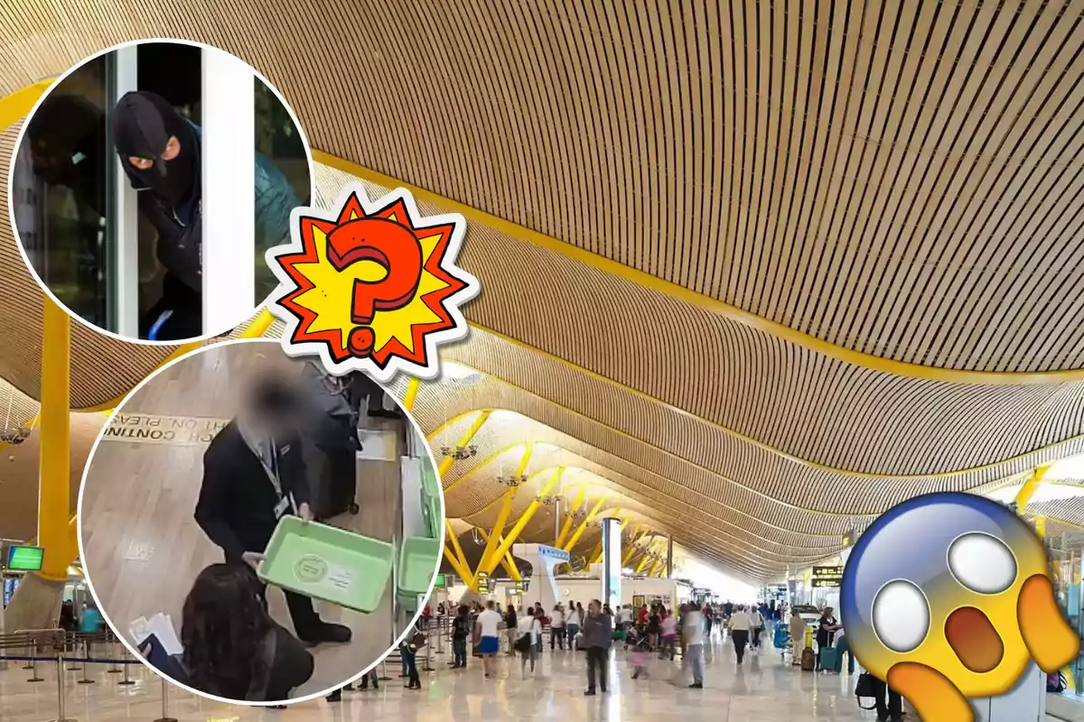 Una imagen de un aeropuerto con un techo ondulado y amarillo, con dos recuadros que muestran a una persona encapuchada y a otra persona en un control de seguridad, acompañados de emojis de sorpresa y pregunta.