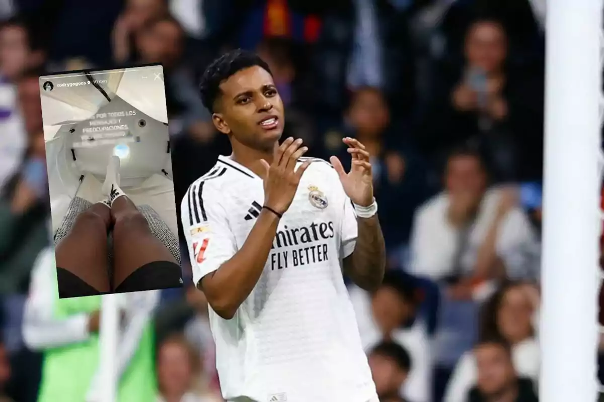 Un jugador de fútbol con el uniforme del Real Madrid está en el campo, mientras que en un recuadro se muestra una imagen de sus piernas en una camilla médica.