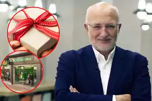 Un hombre mayor con barba y gafas sonríe con los brazos cruzados, junto a dos imágenes circulares que muestran un regalo envuelto y la entrada de un supermercado.