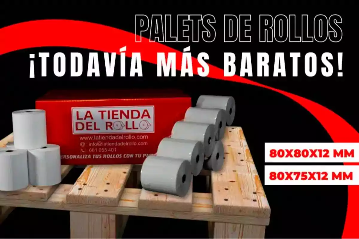 Promoción de palets de rollos de papel con caja roja de "La Tienda del Rollo" sobre un palet de madera y texto que destaca precios más baratos.