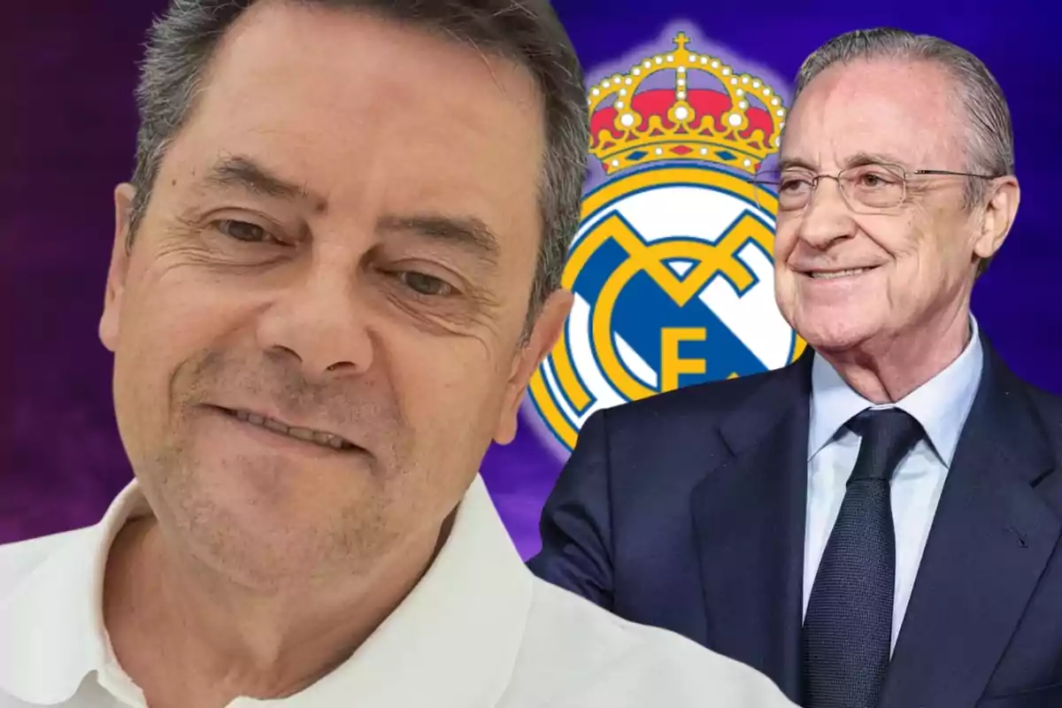 Dos hombres sonrientes con el logo del Real Madrid de fondo.