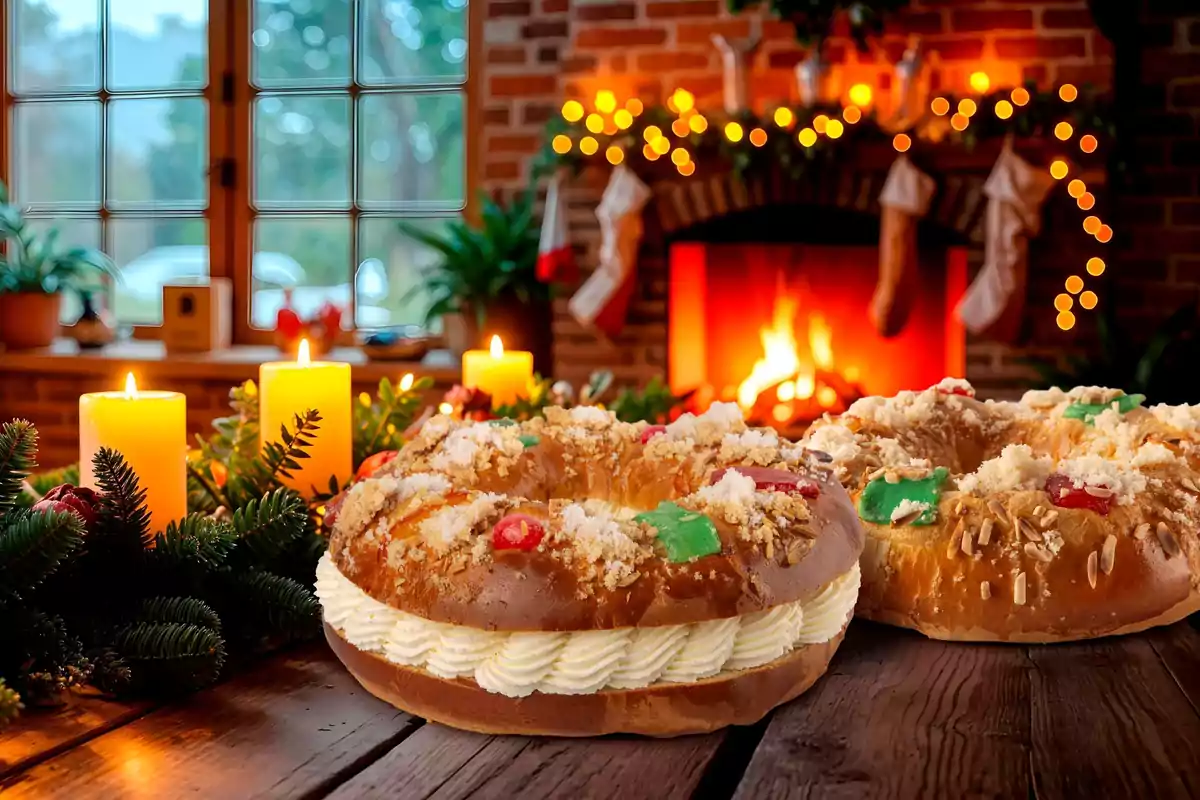 Rosca de Reyes decorada con frutas y crema en un ambiente navideño acogedor con chimenea y velas encendidas.