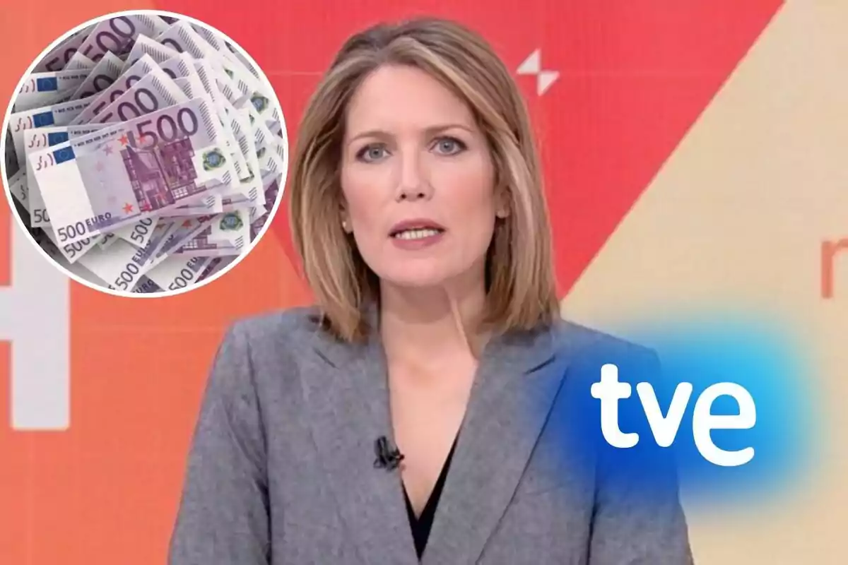 Una presentadora de noticias de TVE con un gráfico de billetes de 500 euros en la esquina superior izquierda.