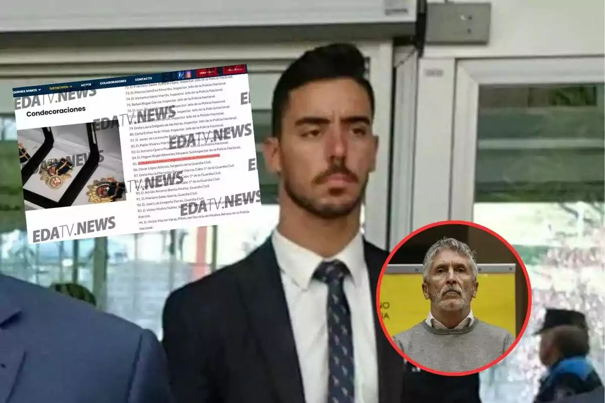 Un hombre de traje aparece en primer plano con una expresión seria mientras que en la esquina inferior derecha hay un recuadro con la imagen de otro hombre mayor con barba y cabello canoso. En la parte superior izquierda se superpone una captura de pantalla de un sitio web con texto y medallas.