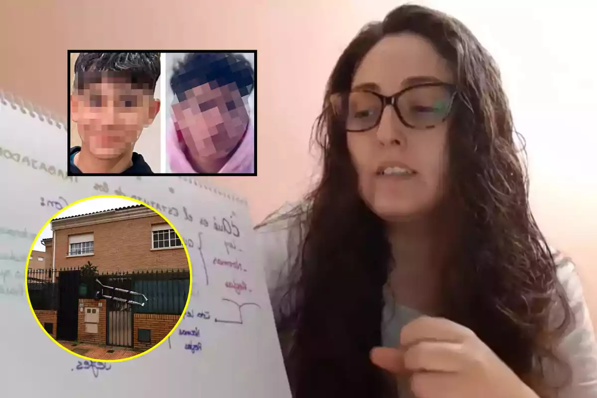 Una mujer con gafas sostiene un cuaderno mientras habla, en la esquina superior izquierda hay un recuadro con dos rostros pixelados y en la parte inferior izquierda hay una imagen de un edificio con una puerta y una bicicleta.