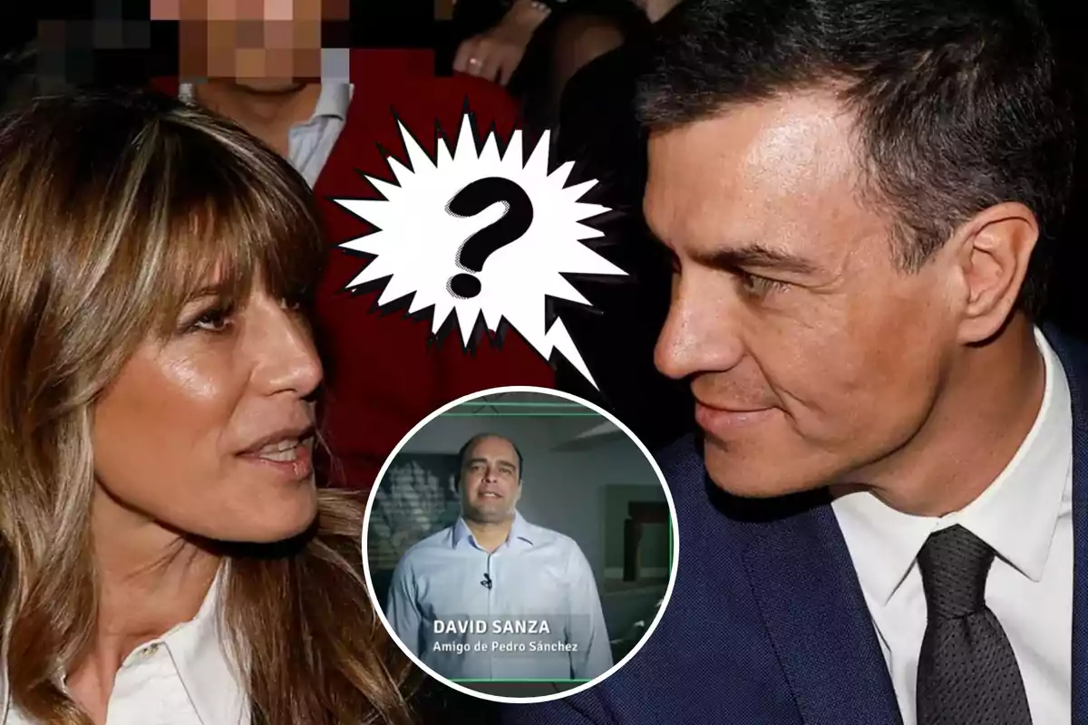 Una mujer y un hombre se miran fijamente mientras una burbuja de diálogo con un signo de interrogación aparece entre ellos; en la parte inferior de la imagen, hay una foto de un hombre con el texto "David Sanza Amigo de Pedro Sánchez".