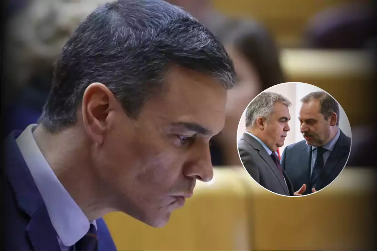 Hombre de perfil en primer plano con expresión seria y dos hombres conversando en un recuadro circular sobrepuesto