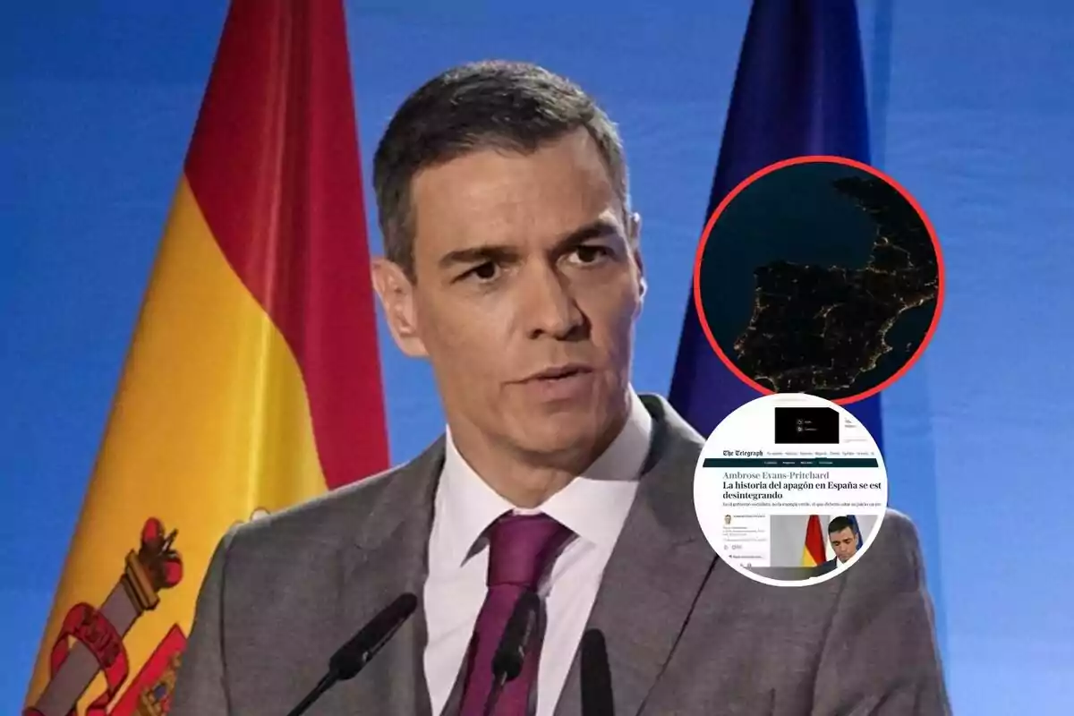 Un hombre en traje y corbata habla frente a micrófonos con una bandera de España detrás y dos imágenes superpuestas que muestran un mapa nocturno de la península ibérica y un artículo de periódico.