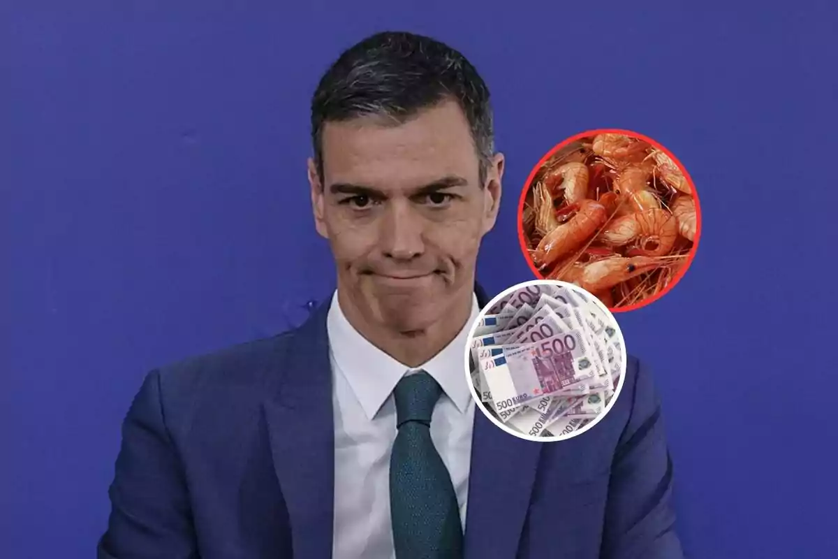 Un hombre con traje azul y corbata verde aparece frente a un fondo azul, con imágenes superpuestas de camarones y billetes de 500 euros.