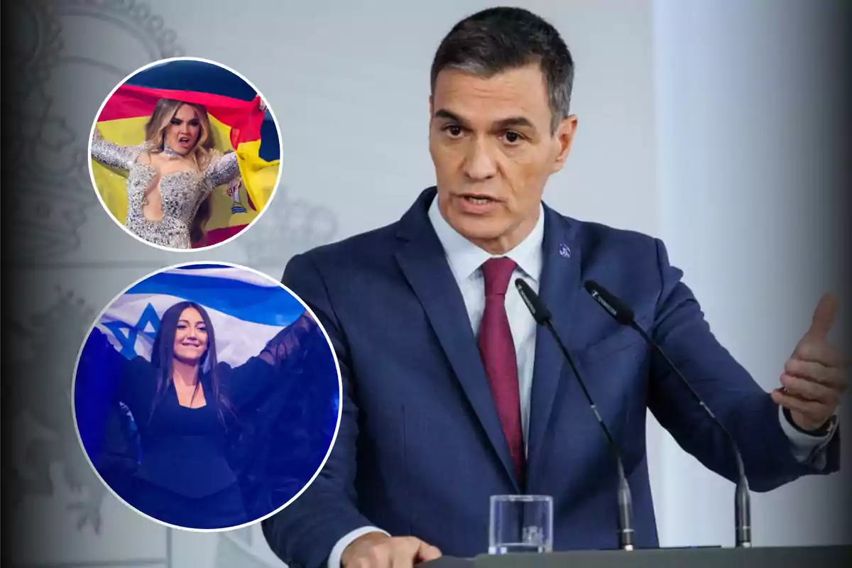 Un hombre en traje habla en un podio con micrófonos, mientras dos mujeres sostienen banderas en imágenes circulares superpuestas.