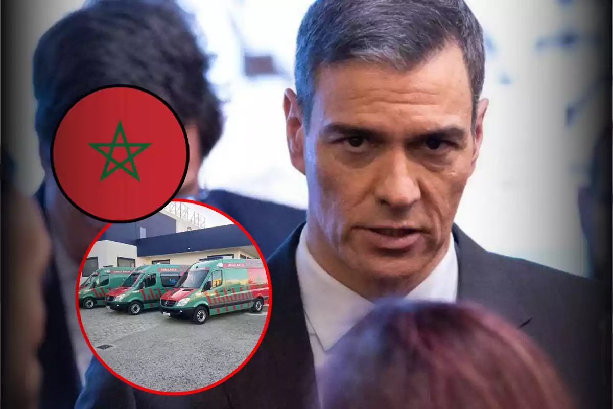 A man in a suit with a serious expression and a circle showing ambulances decorated with the Moroccan flag.