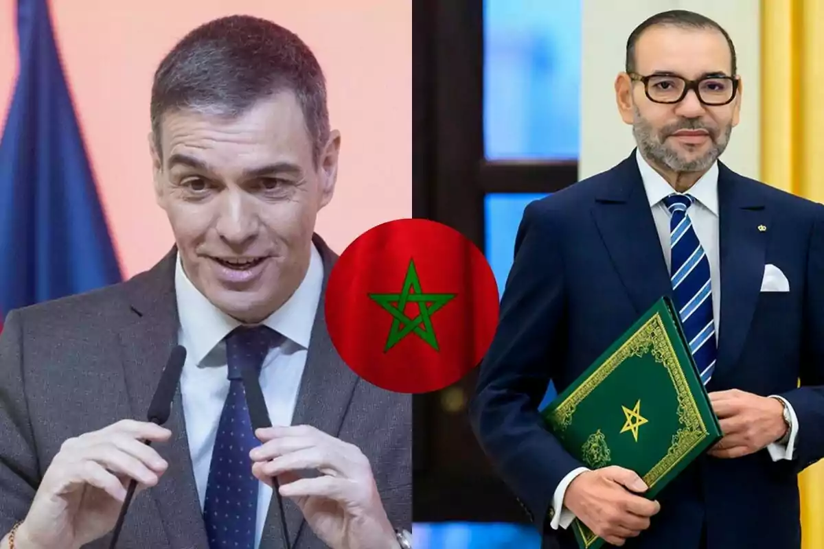 Two men in formal suits with a Moroccan flag in the center.