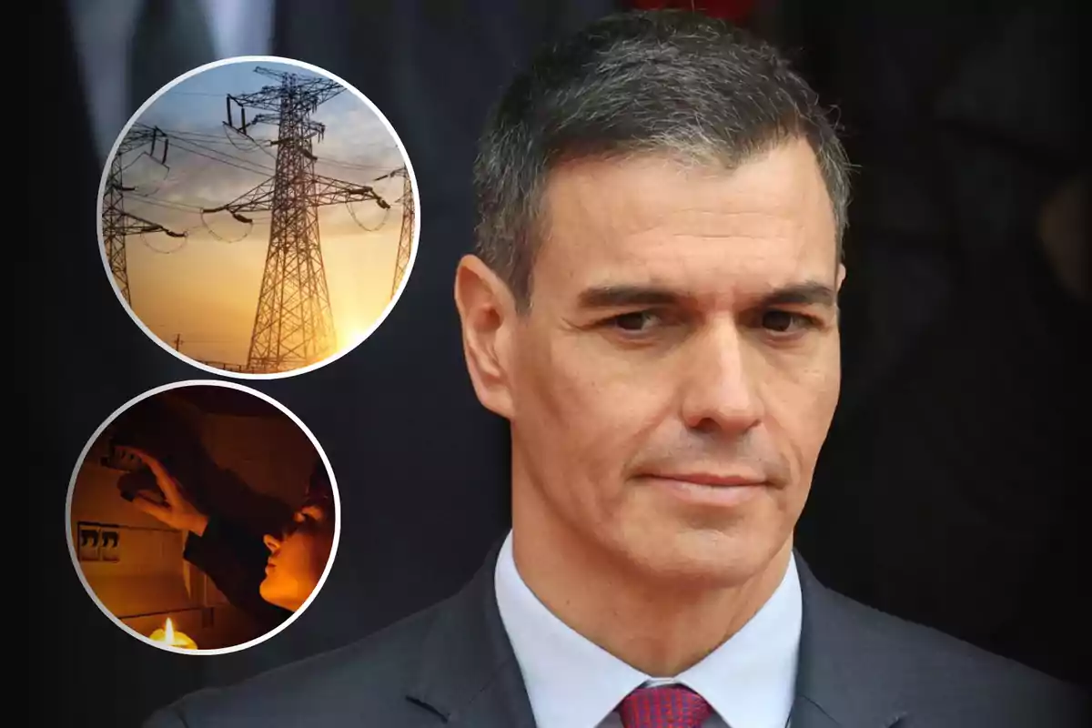 Un hombre con traje y corbata aparece en primer plano, mientras que en dos círculos superpuestos se muestran una torre de electricidad al atardecer y una persona encendiendo una vela en un ambiente oscuro.