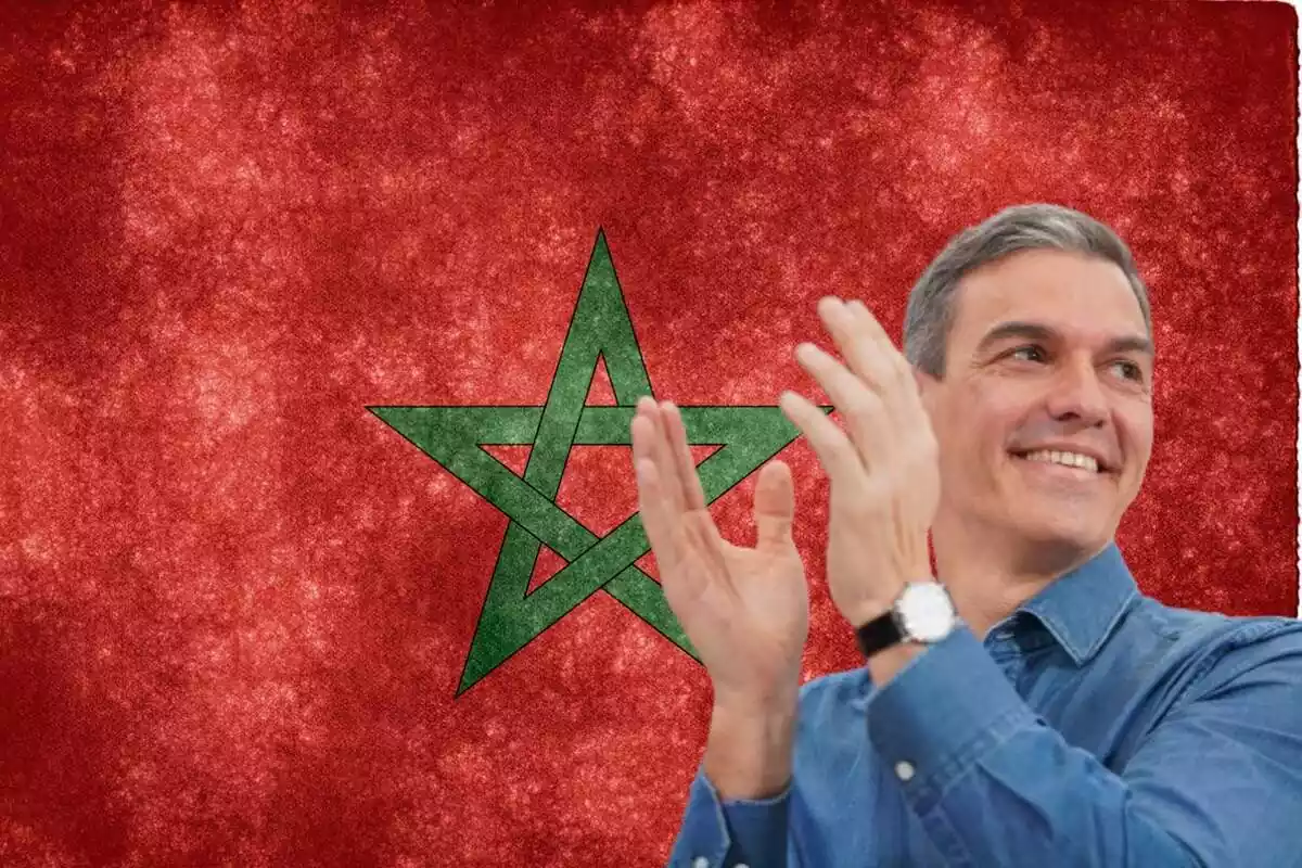 Collage de Pedro Sánchez aplaudiendo y de fondo la bandera de Marruecos