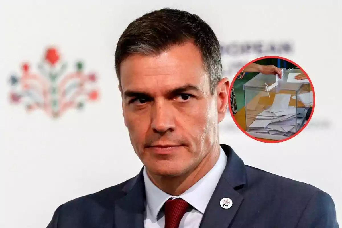Hombre de traje con expresión seria y un círculo que muestra una urna electoral con sobres en el fondo