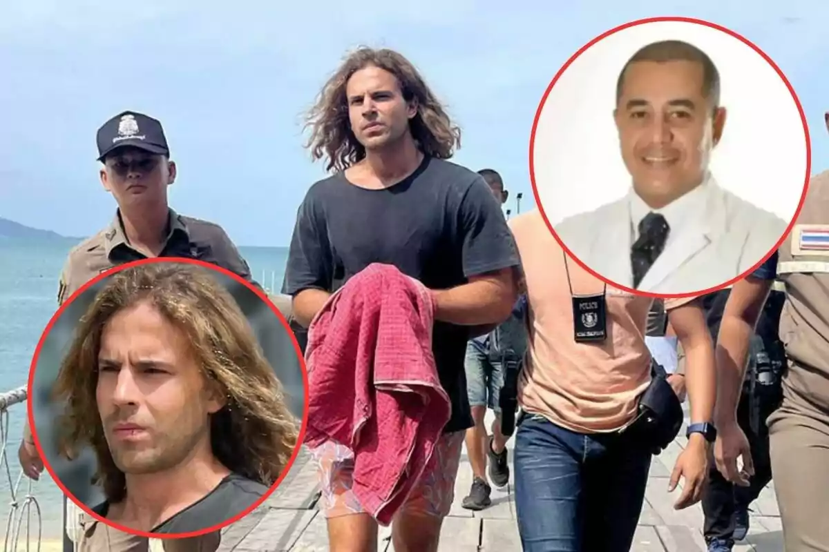 Un hombre con cabello largo y una camiseta negra es escoltado por policías en un muelle, con dos imágenes circulares superpuestas de otras personas.