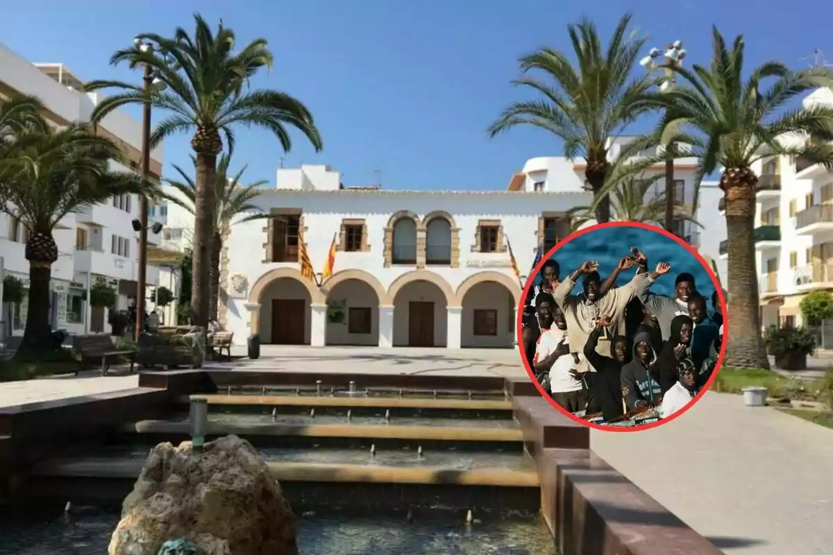 A square with palm trees and a building with arches in the background, with a circular image superimposed of a group of people celebrating.