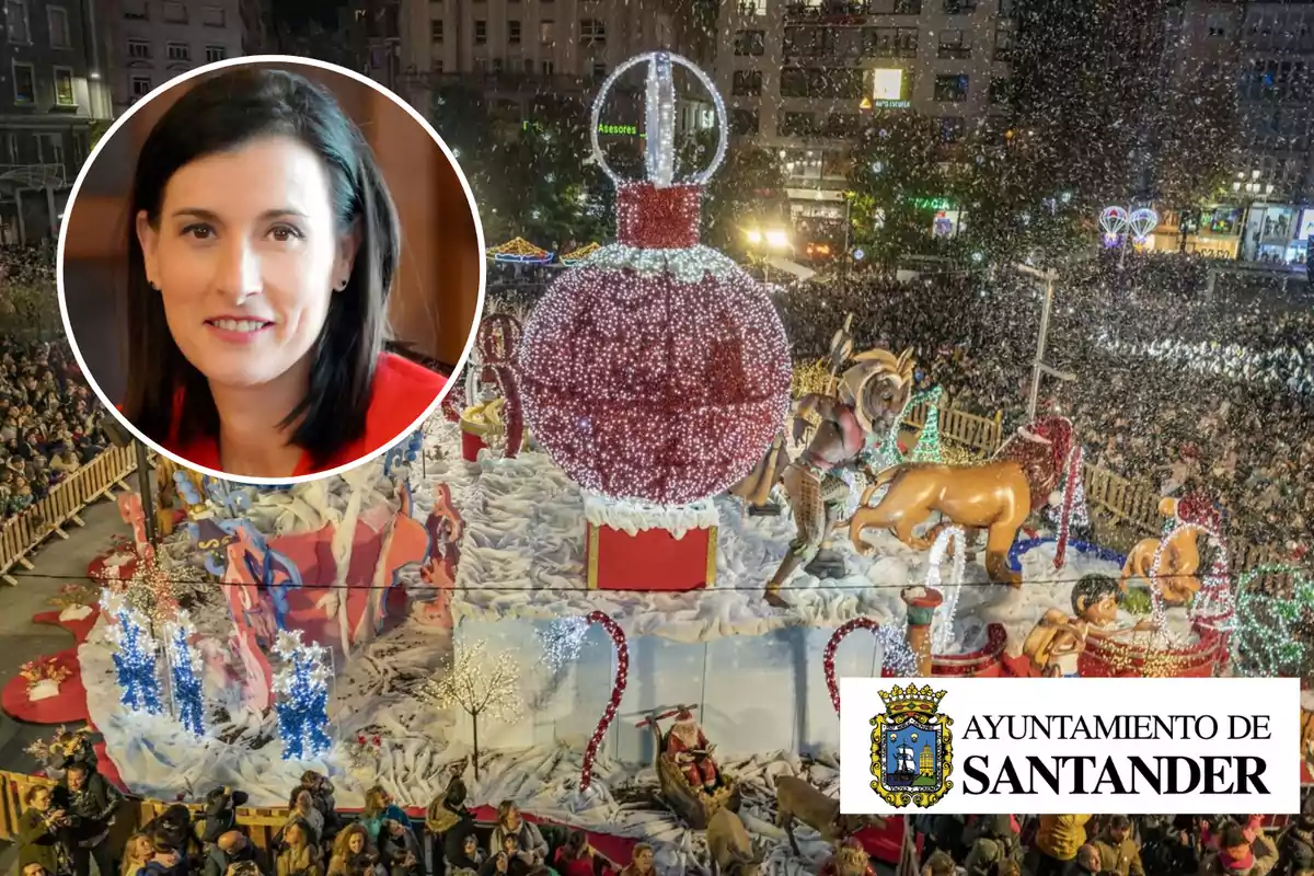 Una multitud celebra un evento festivo en Santander con un gran desfile iluminado y decoraciones navideñas, mientras un recuadro muestra a una mujer sonriendo.