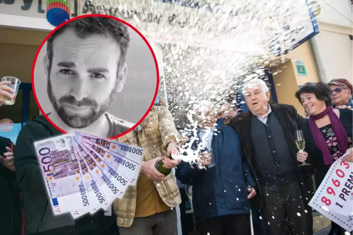 Un grupo de personas celebra con champán y billetes de 500 euros, mientras una imagen en blanco y negro de un hombre está superpuesta en un círculo rojo.