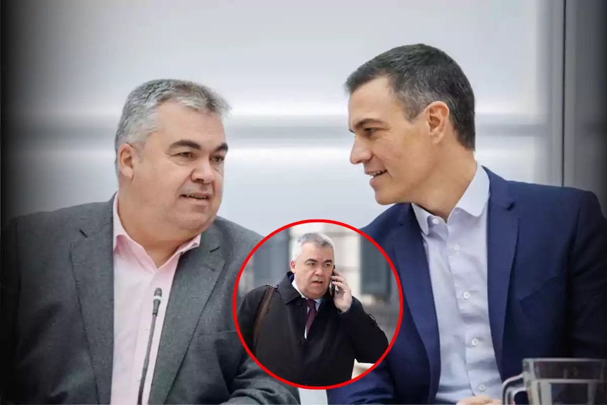 Dos hombres conversando en un entorno profesional con una imagen circular de uno de ellos hablando por teléfono.