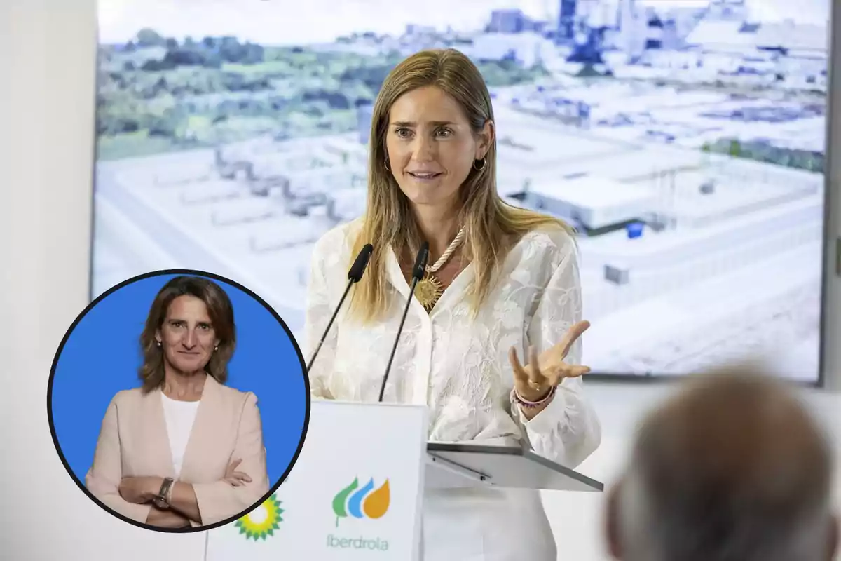 Una mujer hablando en un podio con logotipos de BP e Iberdrola y una imagen insertada de otra mujer con los brazos cruzados sobre un fondo azul.