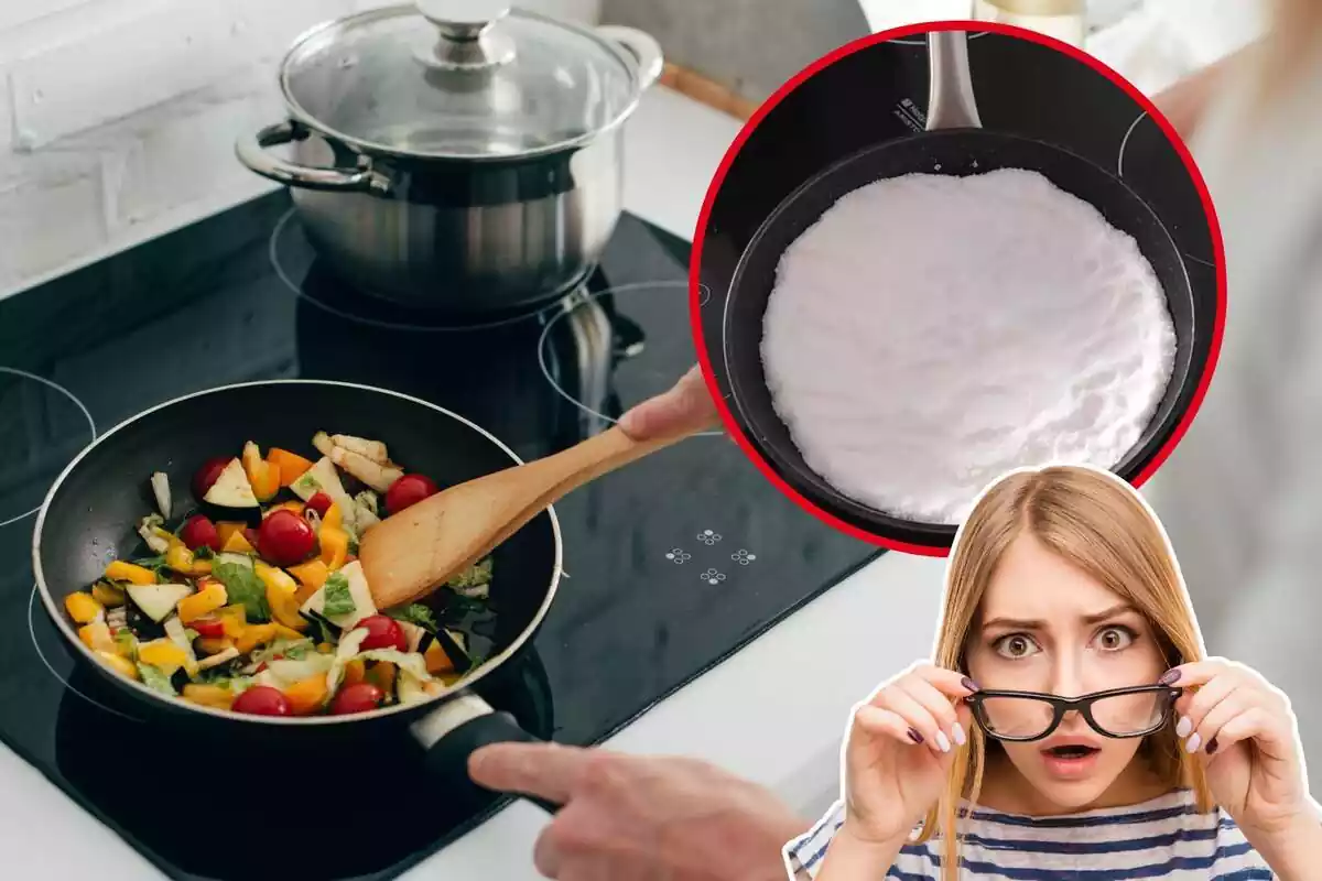 Imagen de fondo de una persona cocinando verduras en una sartén, junto a otra de una persona sorprendida y una sartén llena de sal