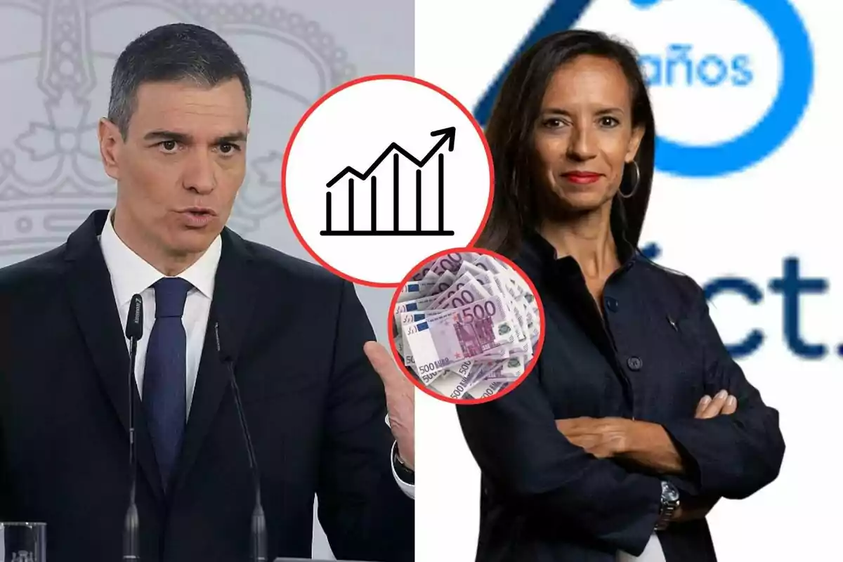 Dos personas en un montaje con gráficos de crecimiento y billetes de euro.