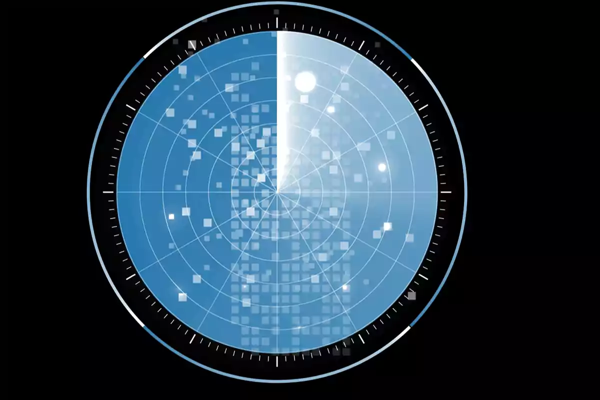Imagen de un radar azul con una pantalla circular que muestra varios puntos y cuadrículas en movimiento sobre un fondo negro.