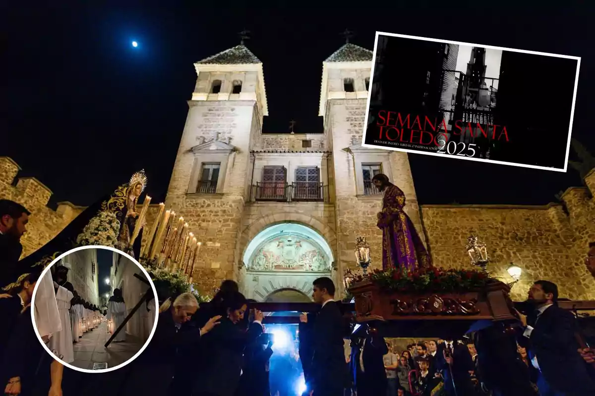 Procesión nocturna de Semana Santa en Toledo con personas cargando pasos religiosos frente a una iglesia iluminada.