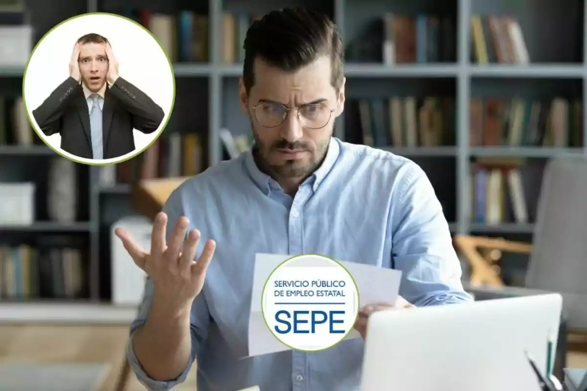 Un hombre con gafas y camisa azul claro mira un documento con expresión de preocupación, con un logotipo del Servicio Público de Empleo Estatal (SEPE) en primer plano y una imagen insertada de un hombre en traje con las manos en la cabeza, también con expresión de preocupación.