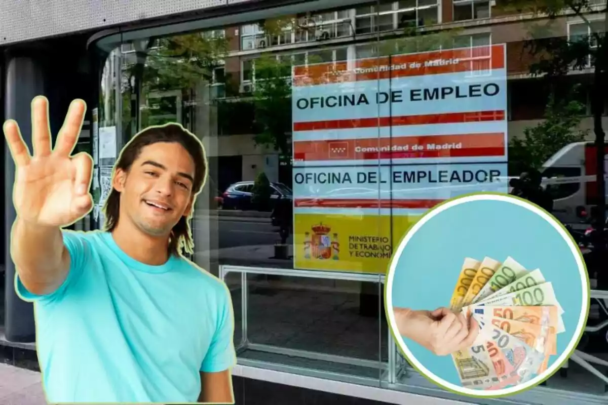 Un hombre sonriente con una camiseta azul hace un gesto de "OK" con la mano frente a una oficina de empleo de la Comunidad de Madrid, mientras en un círculo se muestra una mano sosteniendo varios billetes de euro.