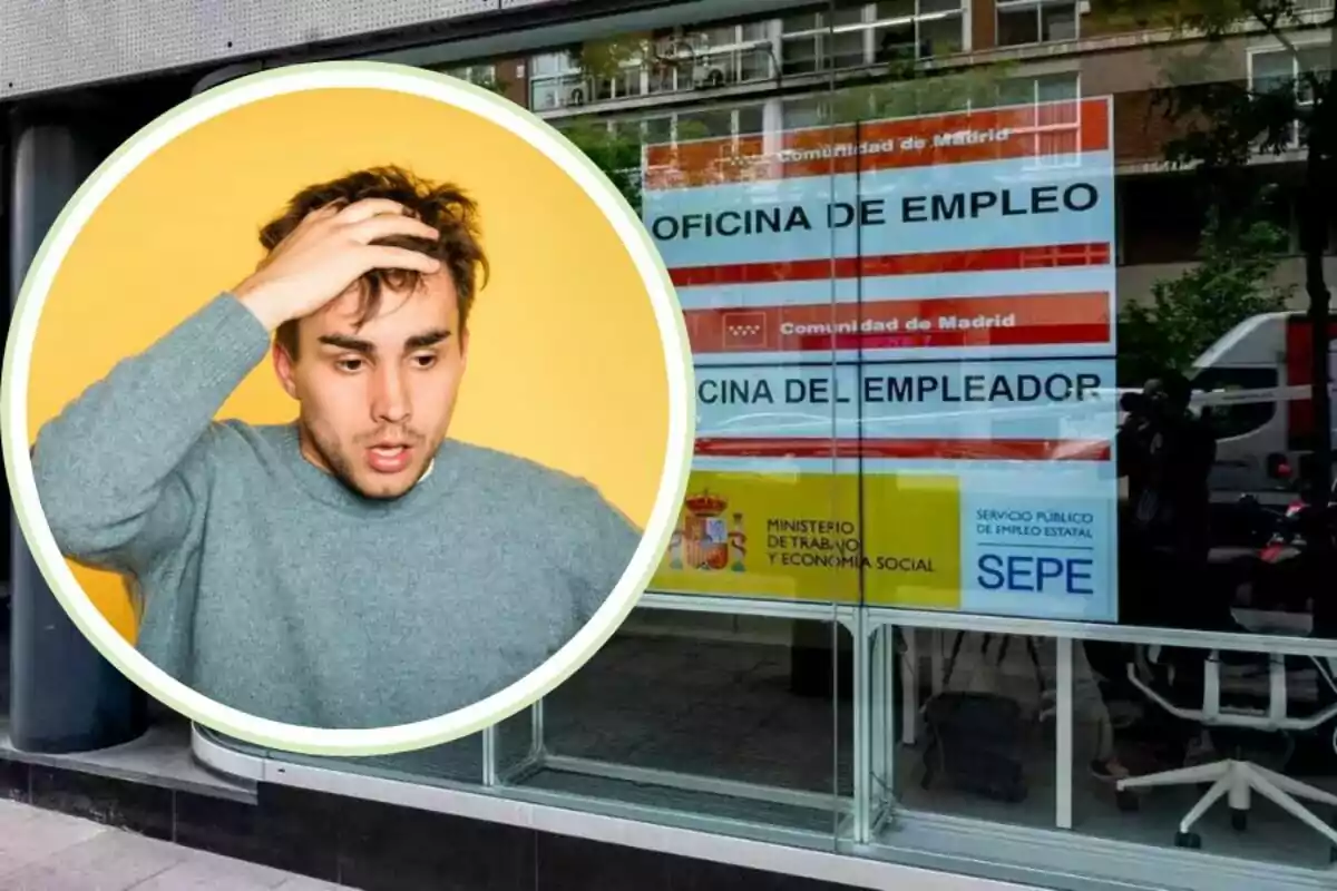 Un hombre con expresión preocupada se toca la cabeza, mientras al fondo se ve una oficina de empleo con carteles de la Comunidad de Madrid y el Ministerio de Trabajo y Economía Social.