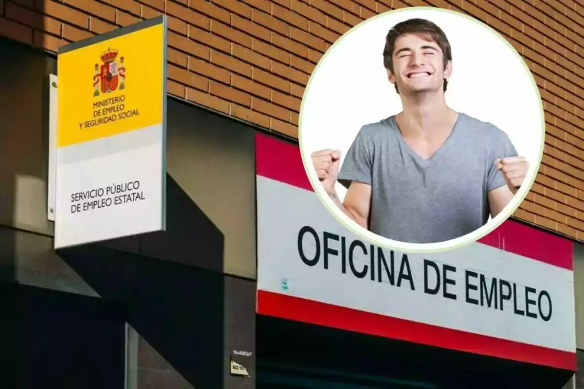 Un hombre feliz aparece en un círculo sobre una imagen de la Oficina de Empleo del Servicio Público de Empleo Estatal del Ministerio de Empleo y Seguridad Social de España.