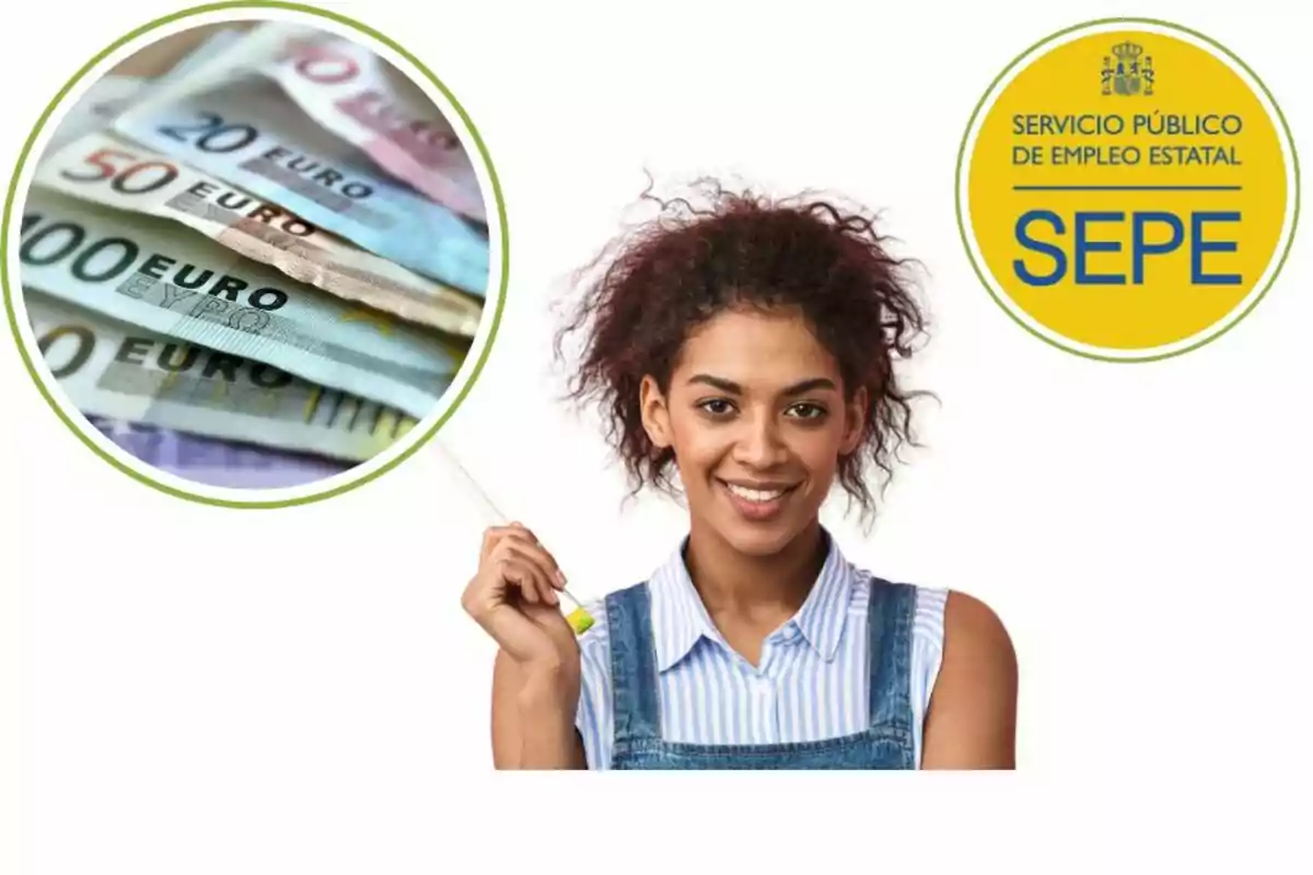 Mujer sonriente sosteniendo una lupa que muestra billetes de euro junto al logo del Servicio Público de Empleo Estatal (SEPE).