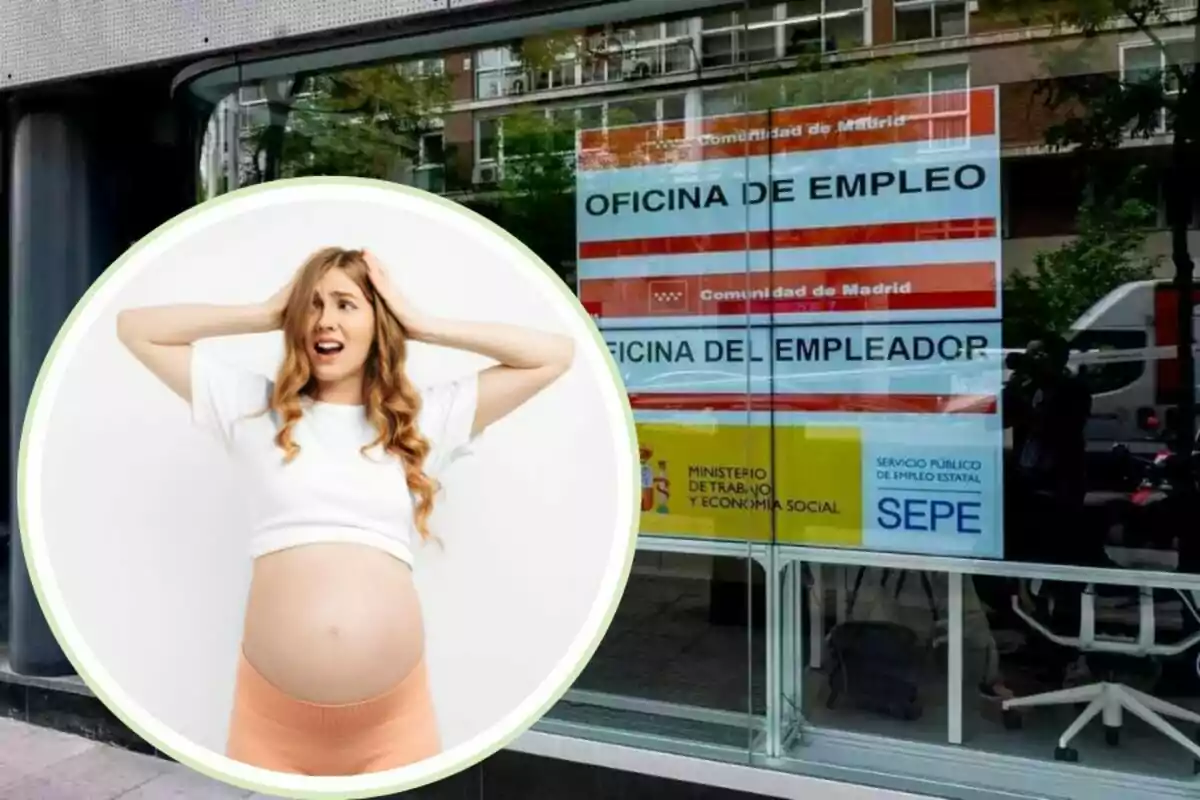 Una mujer embarazada con expresión de preocupación aparece en un círculo superpuesto a una imagen de una oficina de empleo en Madrid.