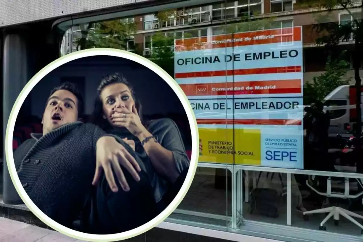 Una pareja con expresiones de sorpresa y miedo está superpuesta sobre una imagen de una oficina de empleo en Madrid.