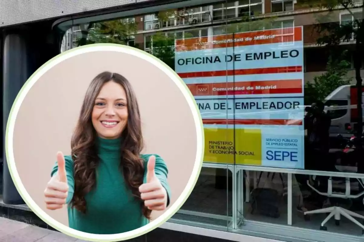 Una mujer sonriente con pulgares hacia arriba en un recuadro circular sobre una imagen de una oficina de empleo de la Comunidad de Madrid.