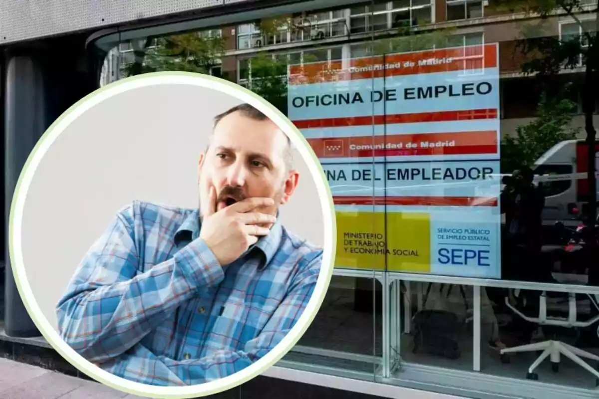 Un hombre pensativo con camisa a cuadros azules aparece en un círculo superpuesto a una imagen de una oficina de empleo en Madrid.