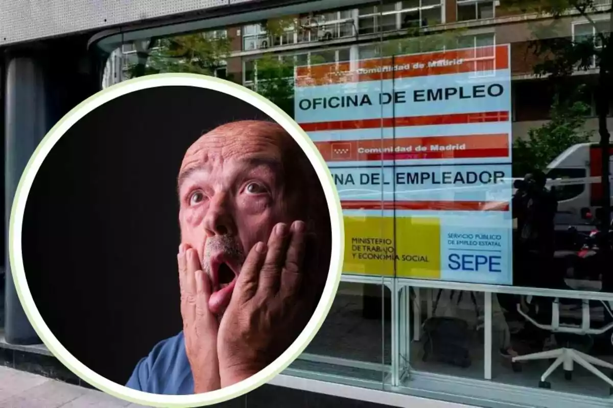 Un hombre con expresión de sorpresa está superpuesto sobre una imagen de una oficina de empleo en Madrid.