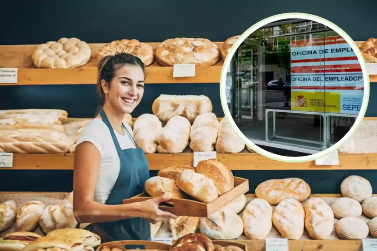 Una mujer sonriente con delantal sostiene una bandeja de pan en una panadería, con un recuadro que muestra una oficina de empleo en la esquina superior derecha.