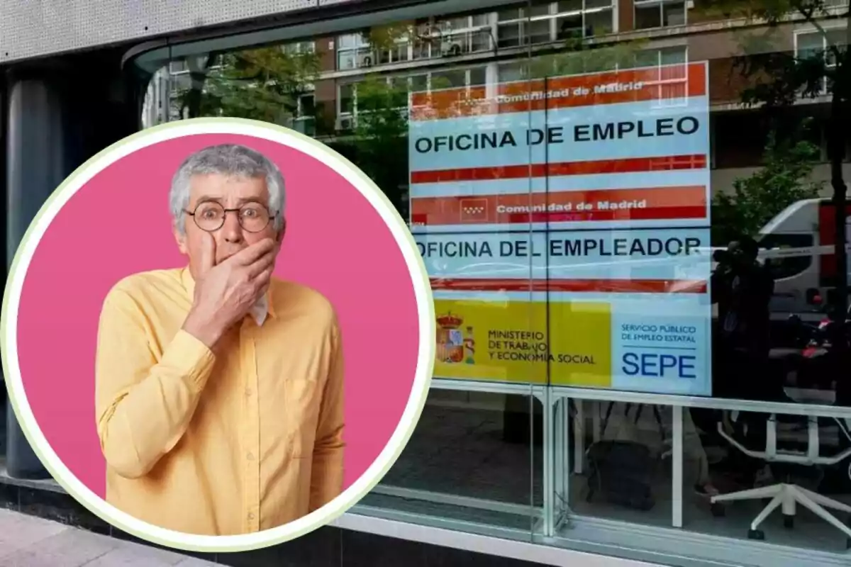 Un hombre mayor con expresión de sorpresa se encuentra en un recuadro sobre una imagen de una oficina de empleo en Madrid, con carteles del Ministerio de Trabajo y Economía Social y del Servicio Público de Empleo Estatal (SEPE).