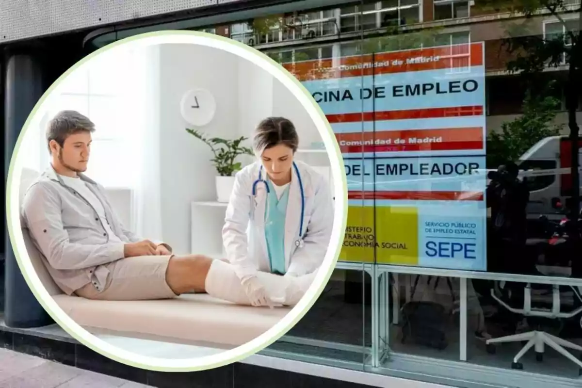 Un hombre con la pierna vendada es atendido por una doctora mientras en el fondo se ve una oficina de empleo de la Comunidad de Madrid.