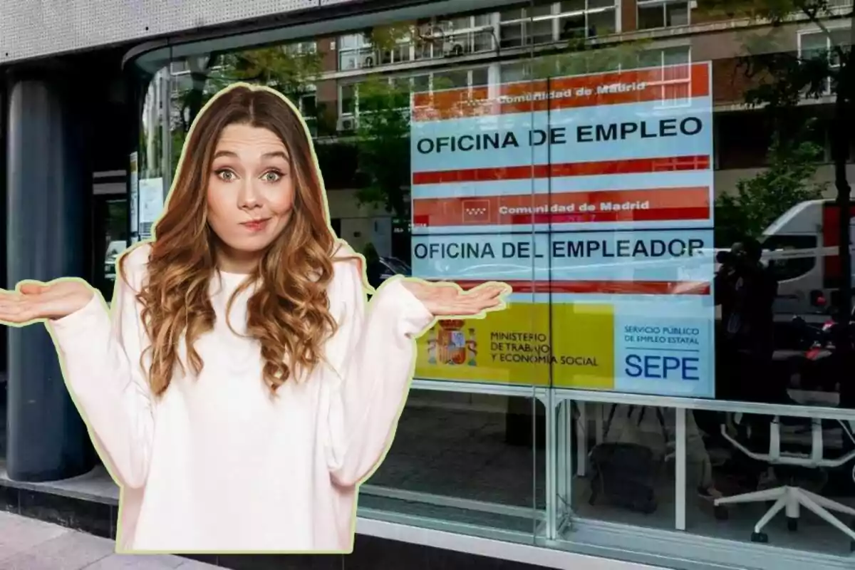 Una mujer con expresión de confusión está superpuesta frente a una oficina de empleo en Madrid.