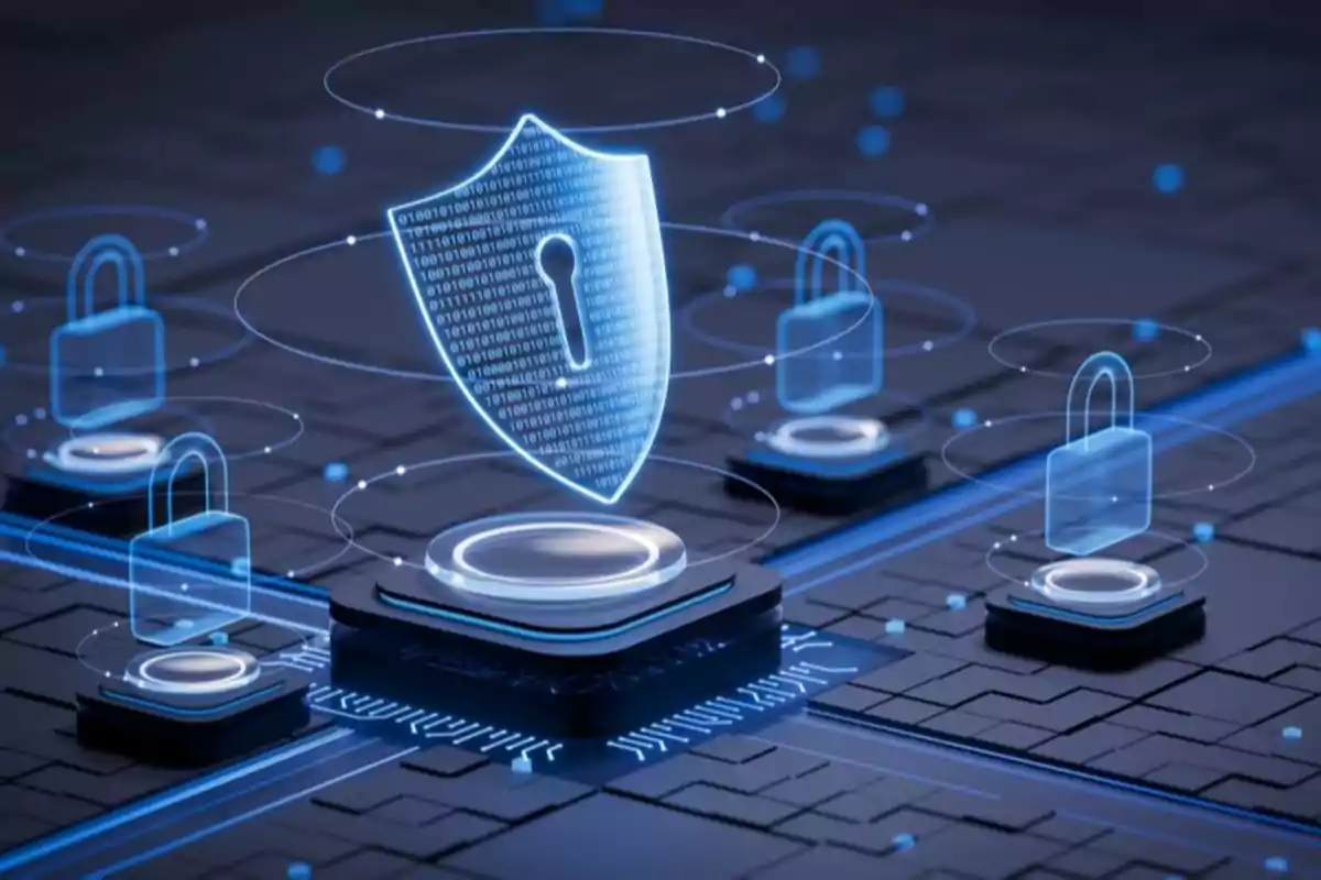 Representación digital de ciberseguridad con un escudo y candados sobre un fondo tecnológico.