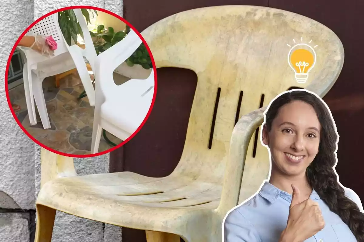 Imagen de fondo de una silla blanca de plástico muy sucia, junto a otra imagen de unas sillas limpiar y una persona en primer plano con gesto de aprobación